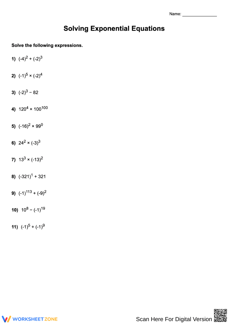 Solving Exponential Equations Practice Worksheet - Page 1