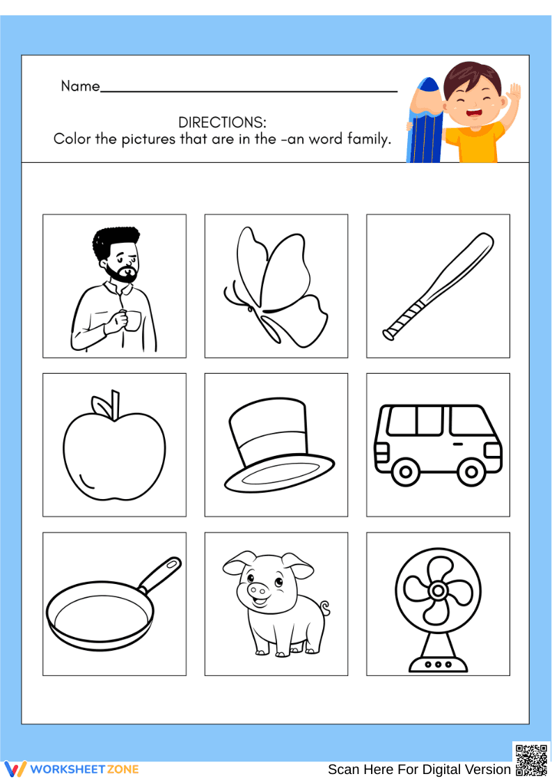 -an Word Family Picture Coloring Worksheet - Page 1