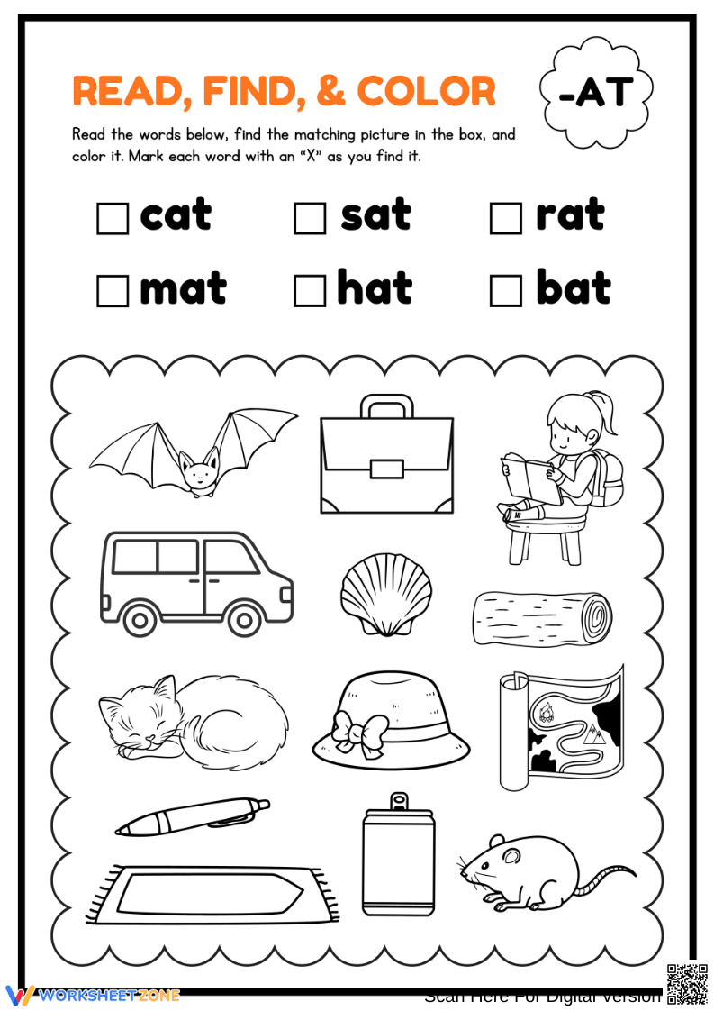Read, Find & Color: -AT Word Family Worksheet - Page 1