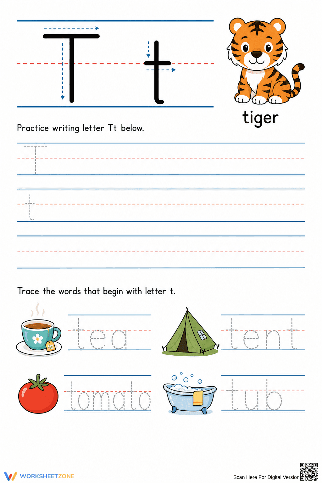 Letter Tt Writing Practice and Beginning Sound Tracing Worksheet - Page 1