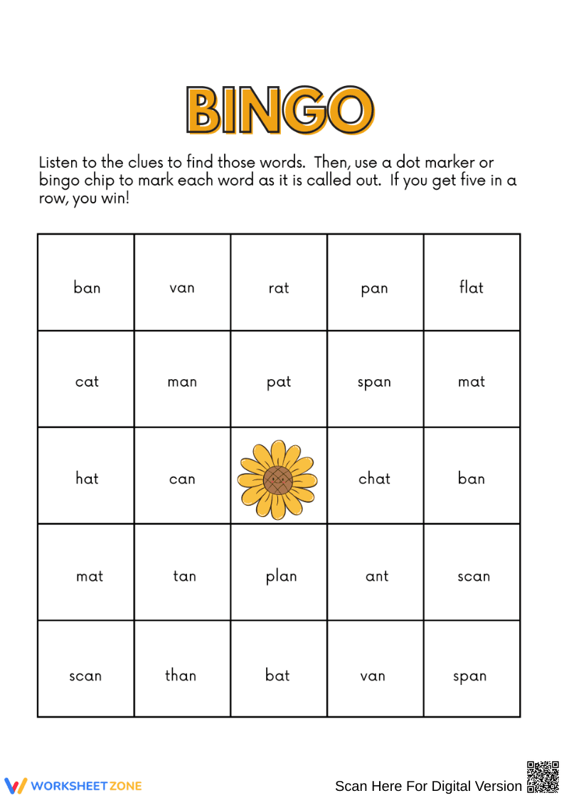 Clue-Based -an & -at Word Family Bingo - Page 1