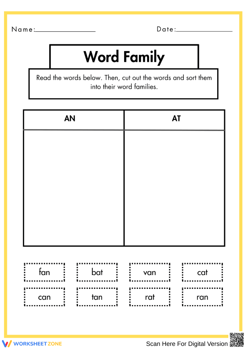 AN and AT Word Family Sorting Worksheet - Page 1