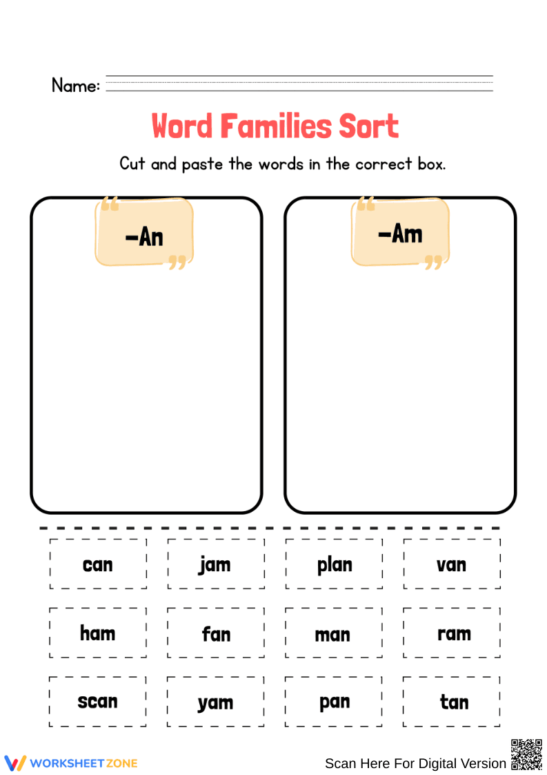 An and Am Word Family Sorting Worksheet - Page 1