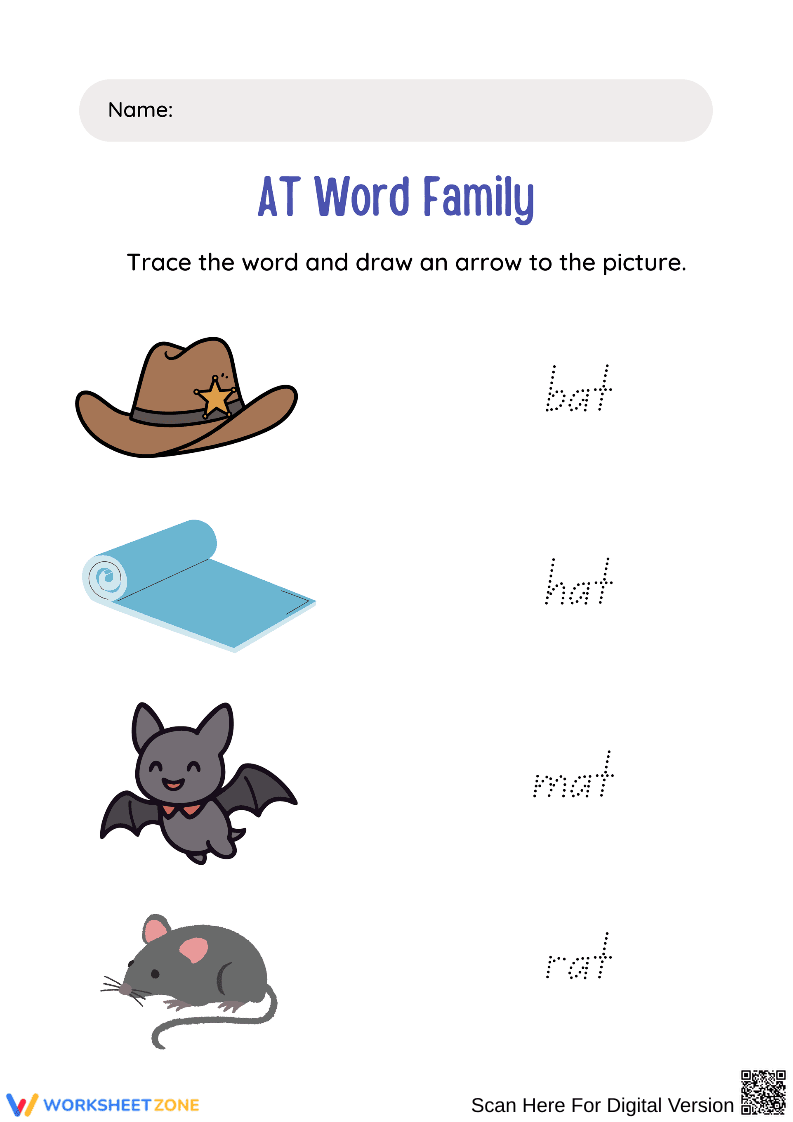 AT Word Family Trace & Match Worksheet - Page 1