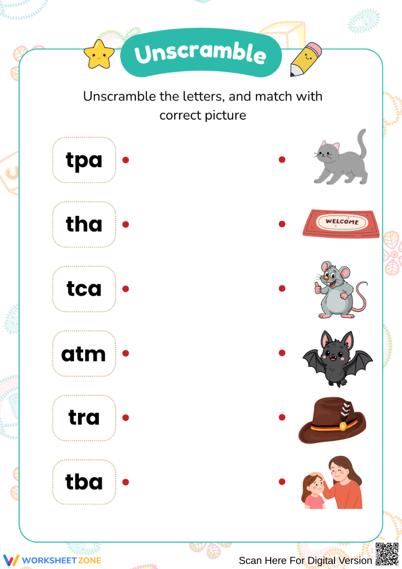 AT Word Family Unscramble & Picture Match - Page 1