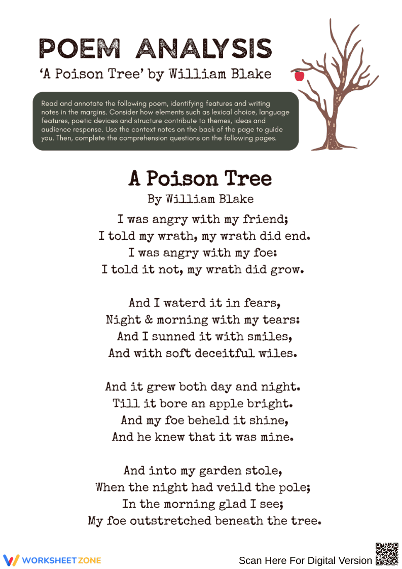 Poem Analysis Worksheet: A Poison Tree by William Blake - Page 1