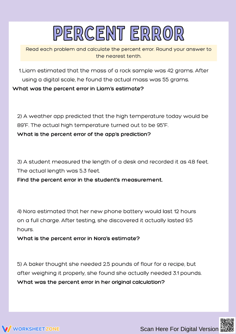 Percent Error Word Problems Worksheet - Page 1