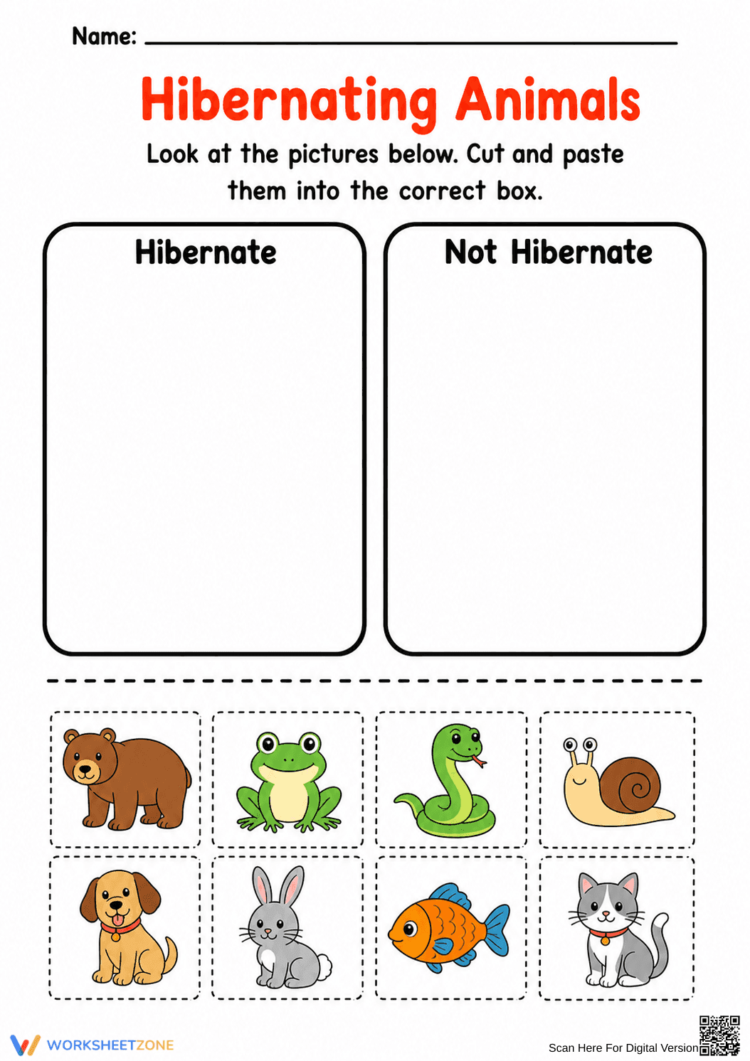 Grade 1 Hibernation Sorting — Printable No-Prep Worksheet - Page 1