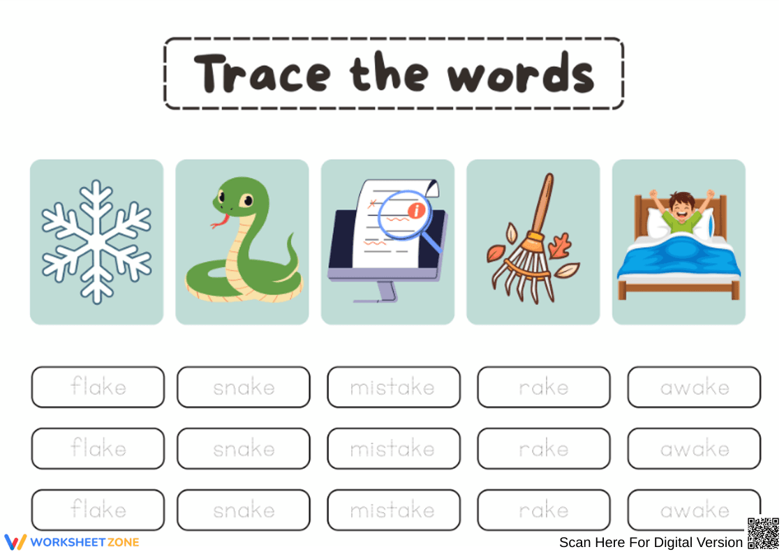 Trace the Words: AKE Word Family Worksheet - Page 1