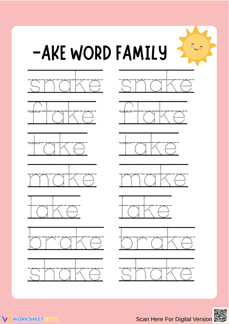 AKE Word Family Tracing Practice Worksheet - Page 1