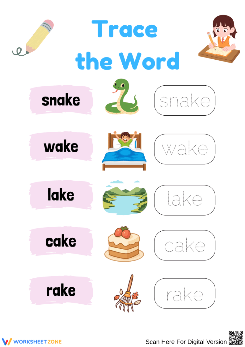 Trace the Word – AKE Word Family Worksheet - Page 1