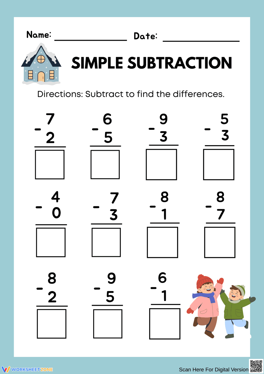 Simple Subtraction – Winter Theme Worksheet - Page 1