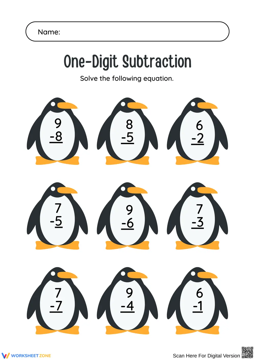 One-Digit Subtraction – Penguin Theme Worksheet - Page 1