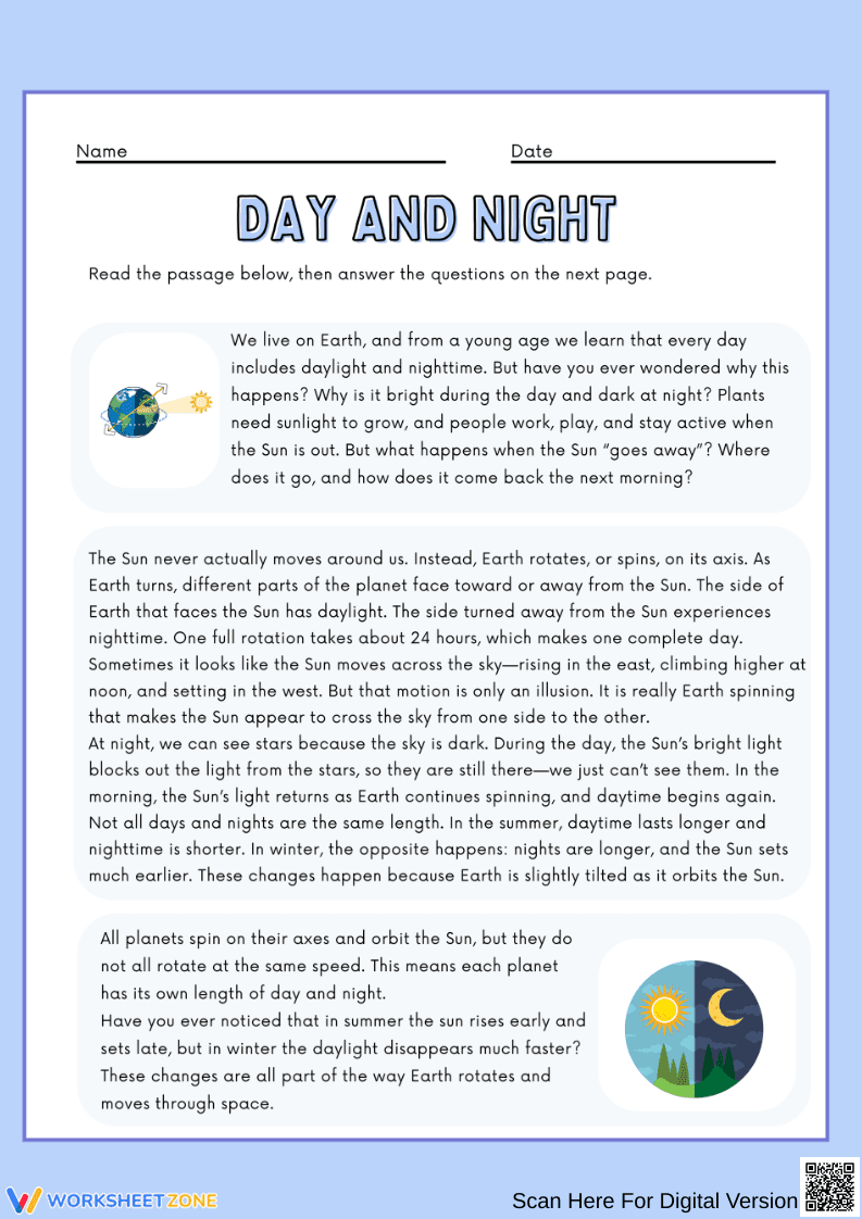 Day and Night Reading Comprehension Worksheet - Page 1