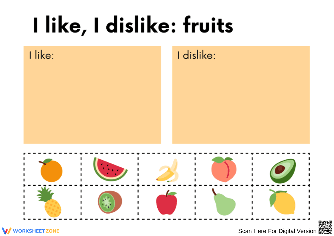I Like, I Dislike Fruits Cut-and-Paste Worksheet - Page 1