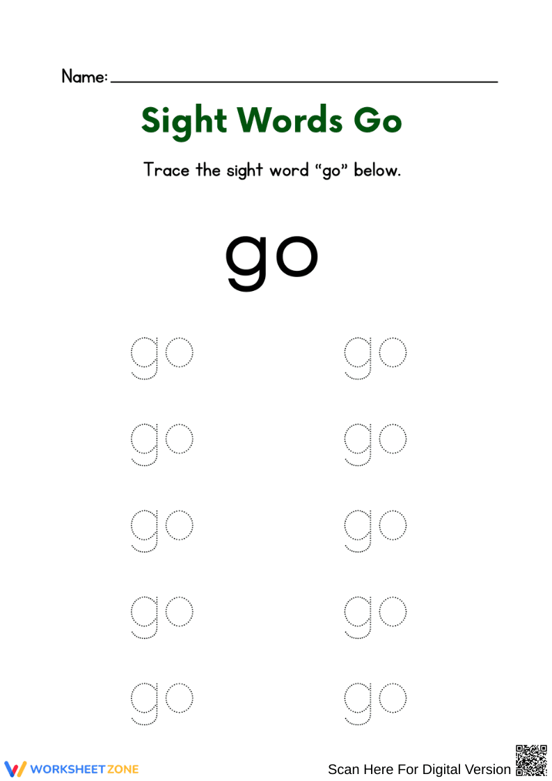 Sight Word “Go” Tracing Practice Worksheet - Page 1