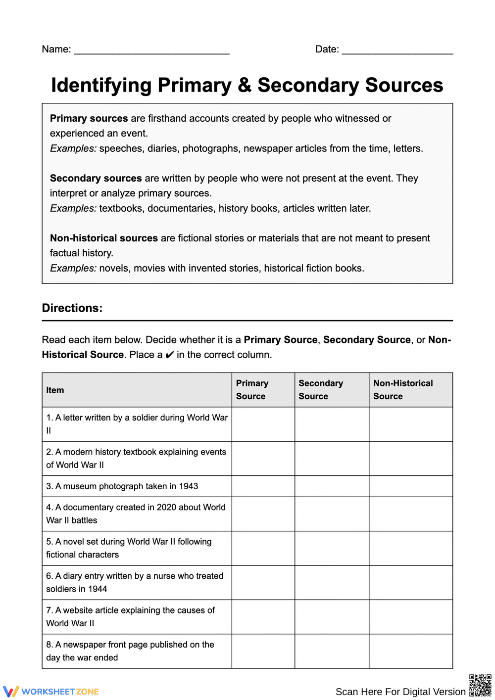Identifying Primary and Secondary Sources Worksheet - Page 1