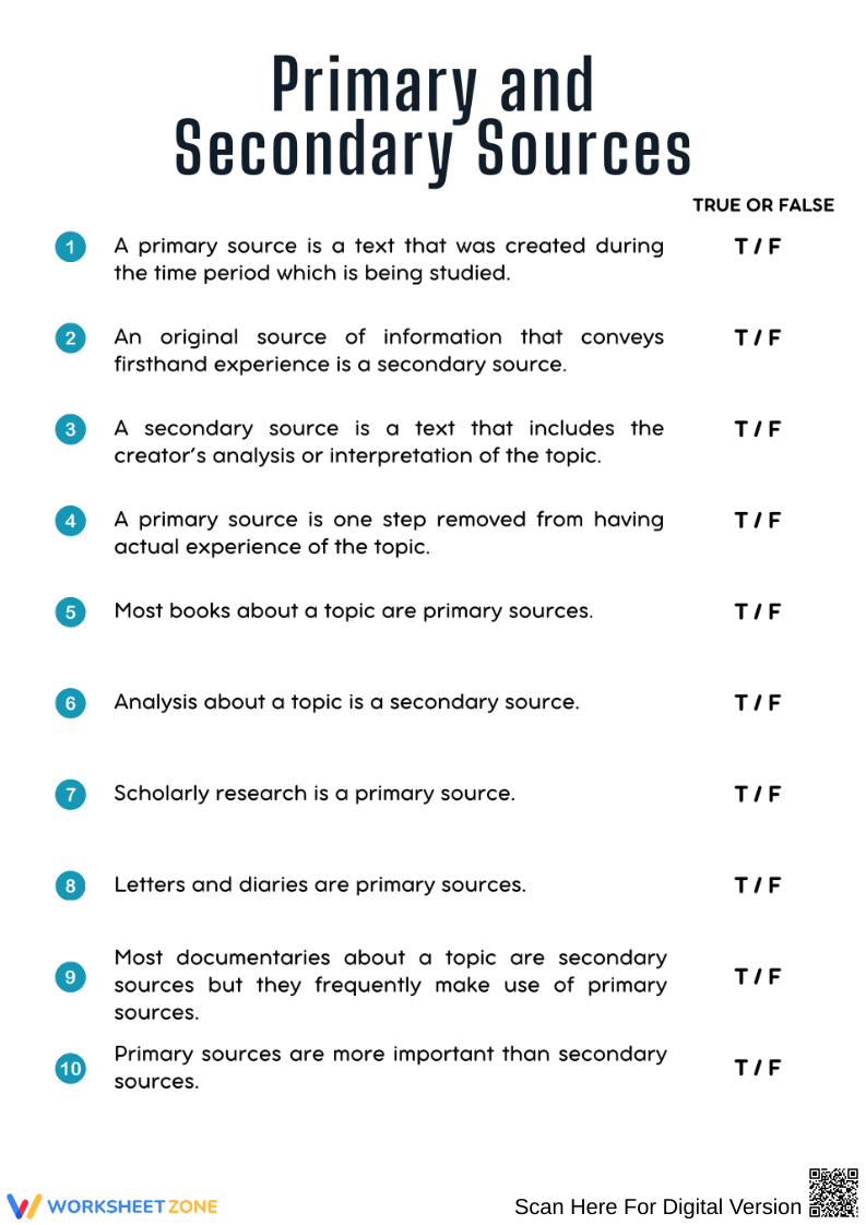 Primary & Secondary Sources: True or False Worksheet - Page 1