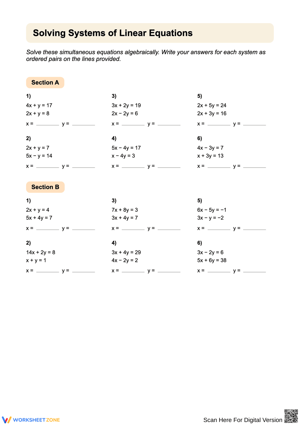 Solving Systems of Linear Equations Worksheet - Page 1