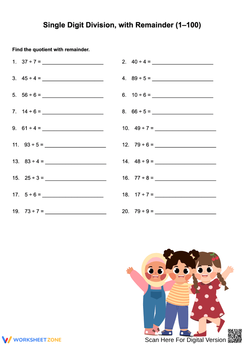 Single-Digit Division With Remainders - Page 1