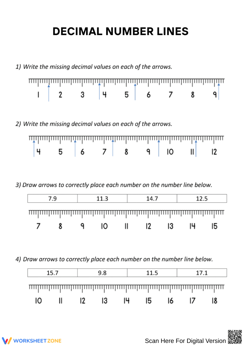 Decimal Number Line Practice Worksheet - Page 1