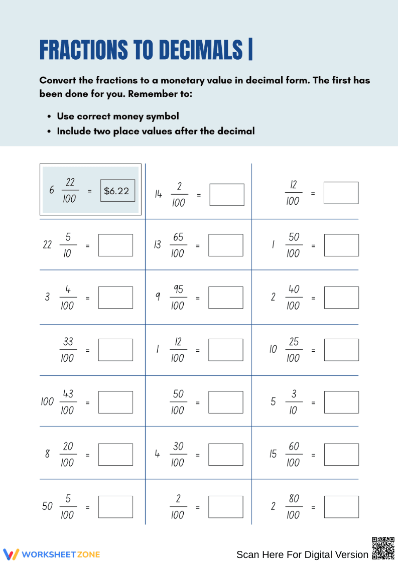 Fractions to Money Decimals Worksheet - Page 1