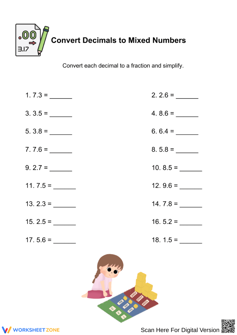 Convert Decimals to Mixed Numbers Worksheet - Page 1