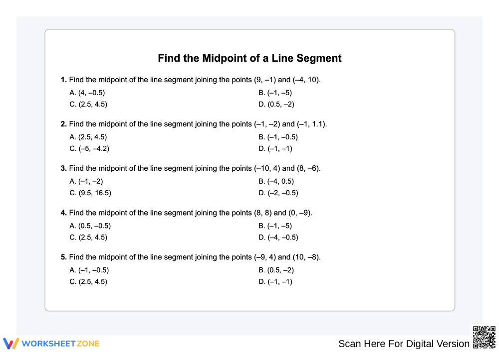 Midpoint of a Line Segment – Multiple Choice - Page 1