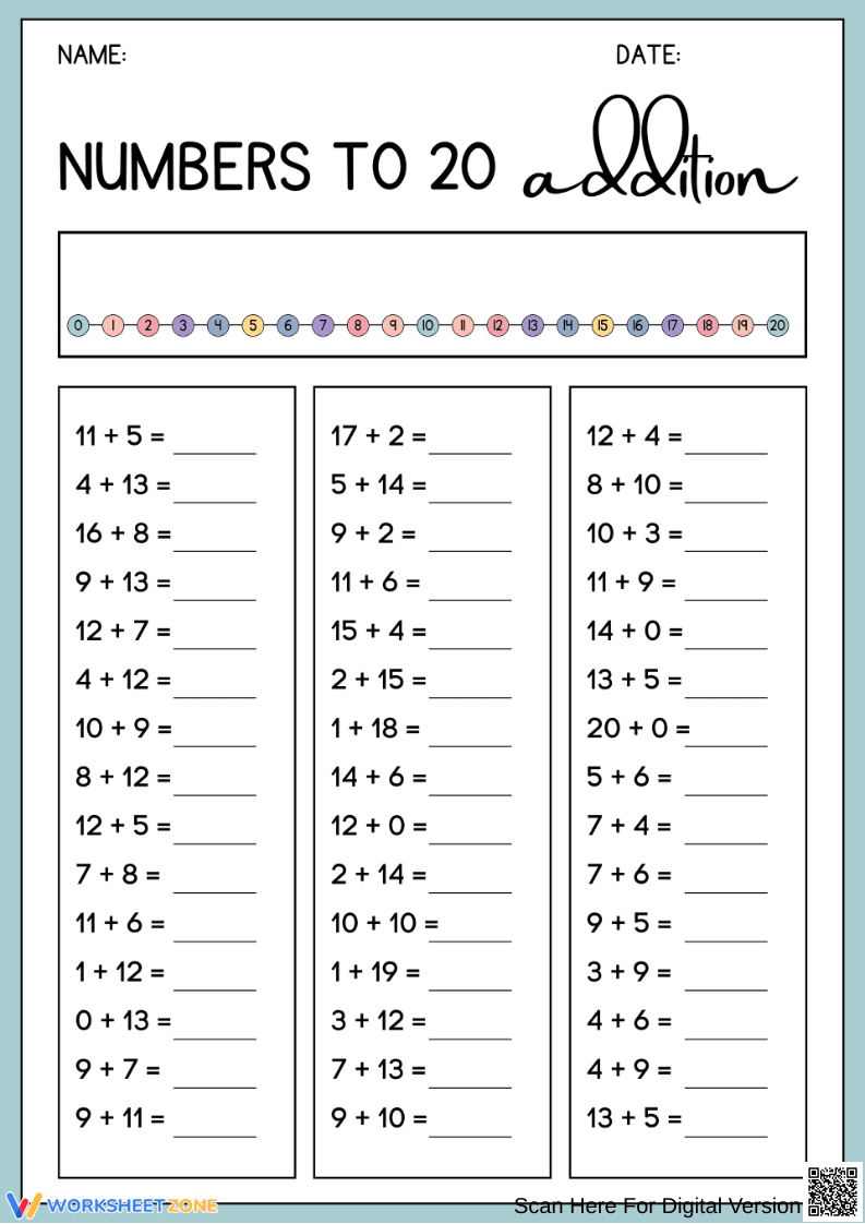 Numbers to 20 Addition Worksheet - Page 1