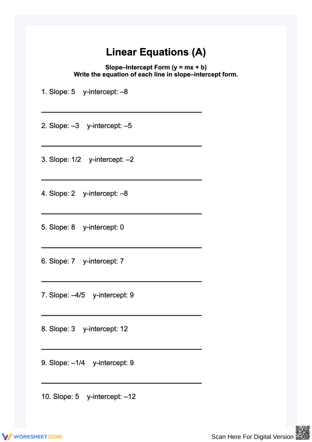 Linear Slope-Intercept Form Worksheet: Write Linear Equations (A) – Slope-Intercept Form - Page 1