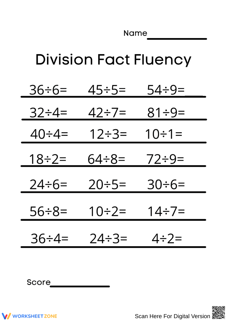 Division Fact Fluency Worksheet - Page 1