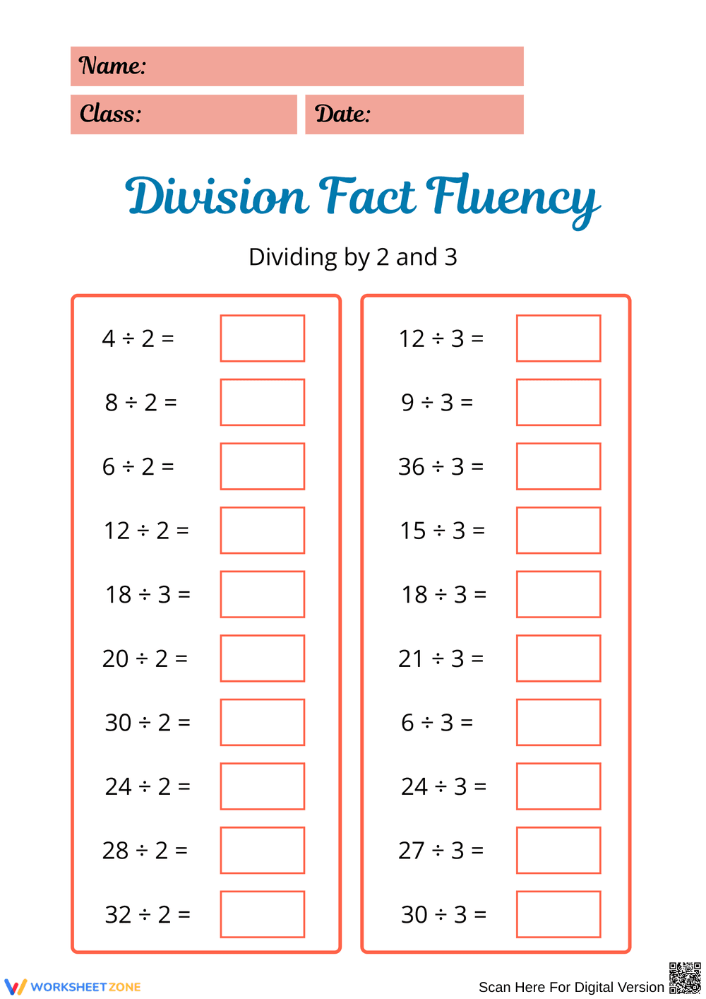 Division Fact Fluency: Dividing by 2 and 3 - Page 1