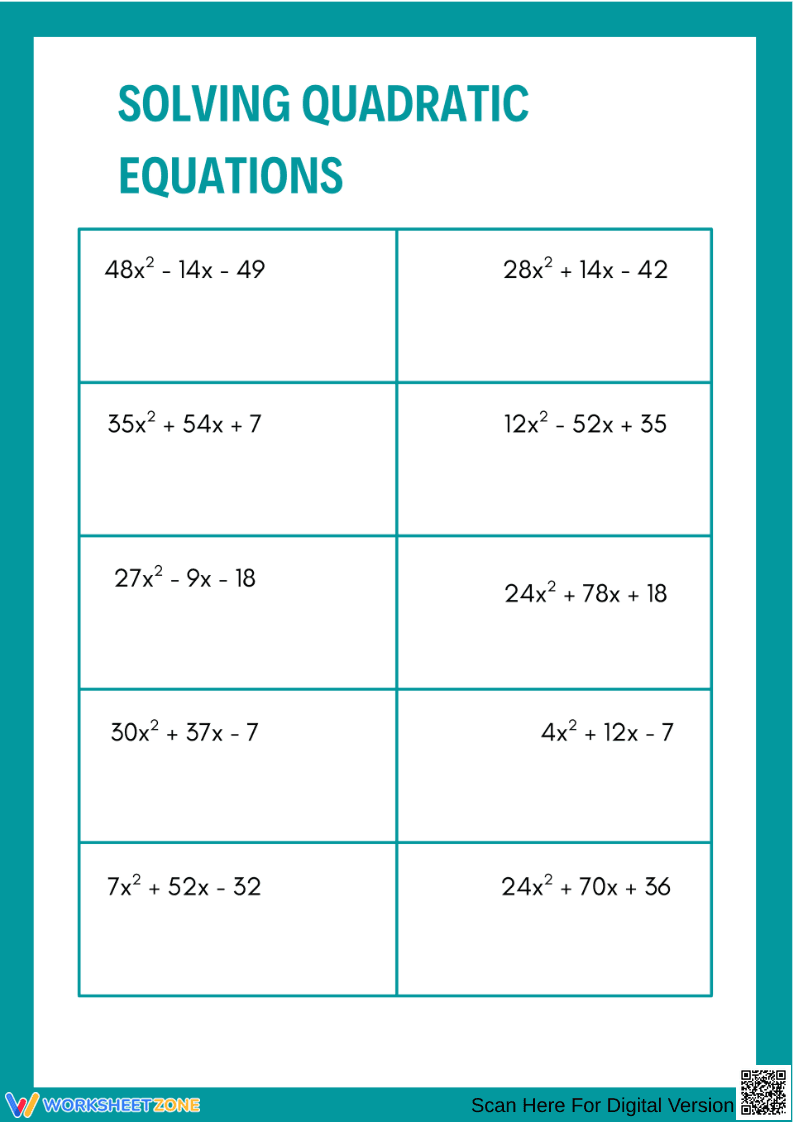 Solving Quadratic Equations: Advanced Factoring Practice Worksheet - Page 1
