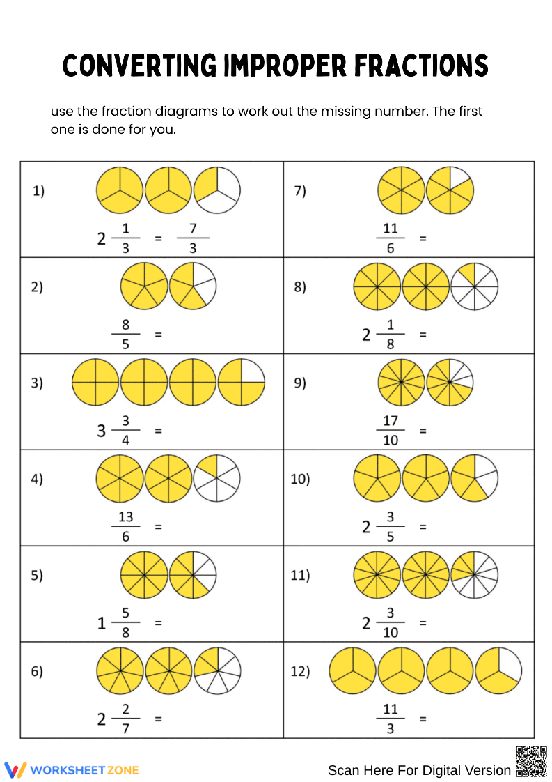 Converting Improper Fractions Using Visual Models Worksheet - Page 1