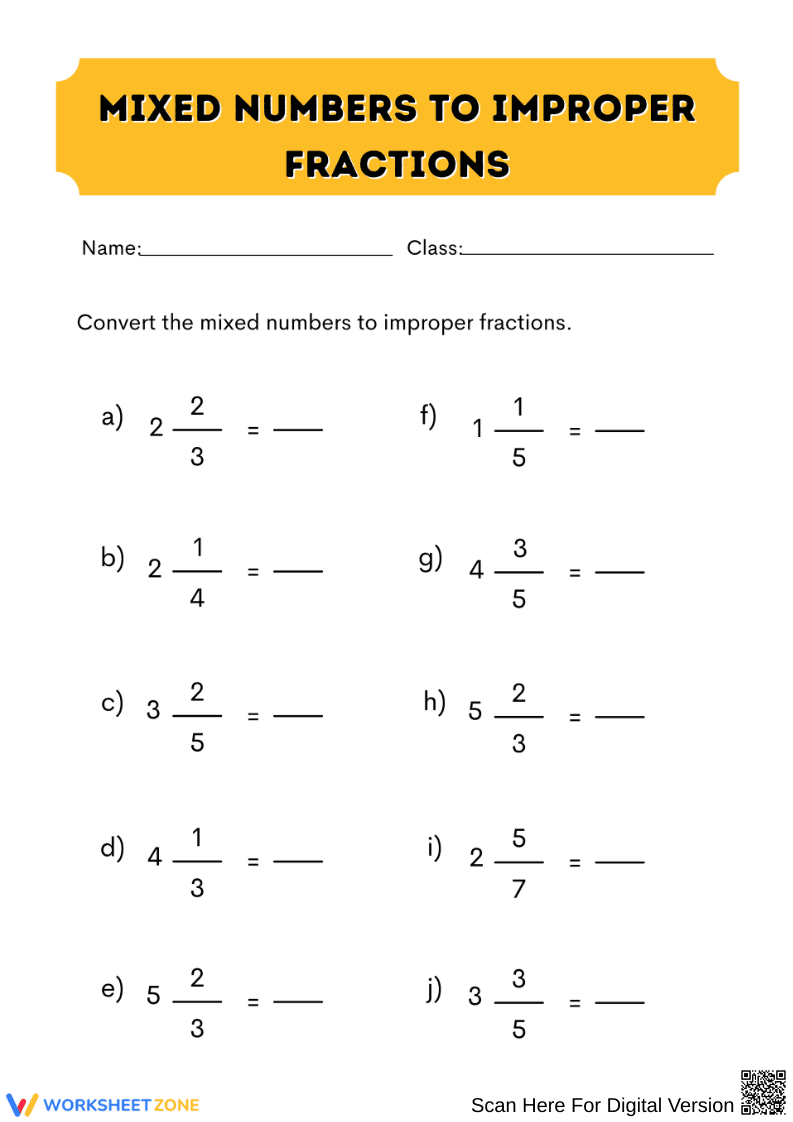 Convert Mixed Numbers to Improper Fractions - Page 1