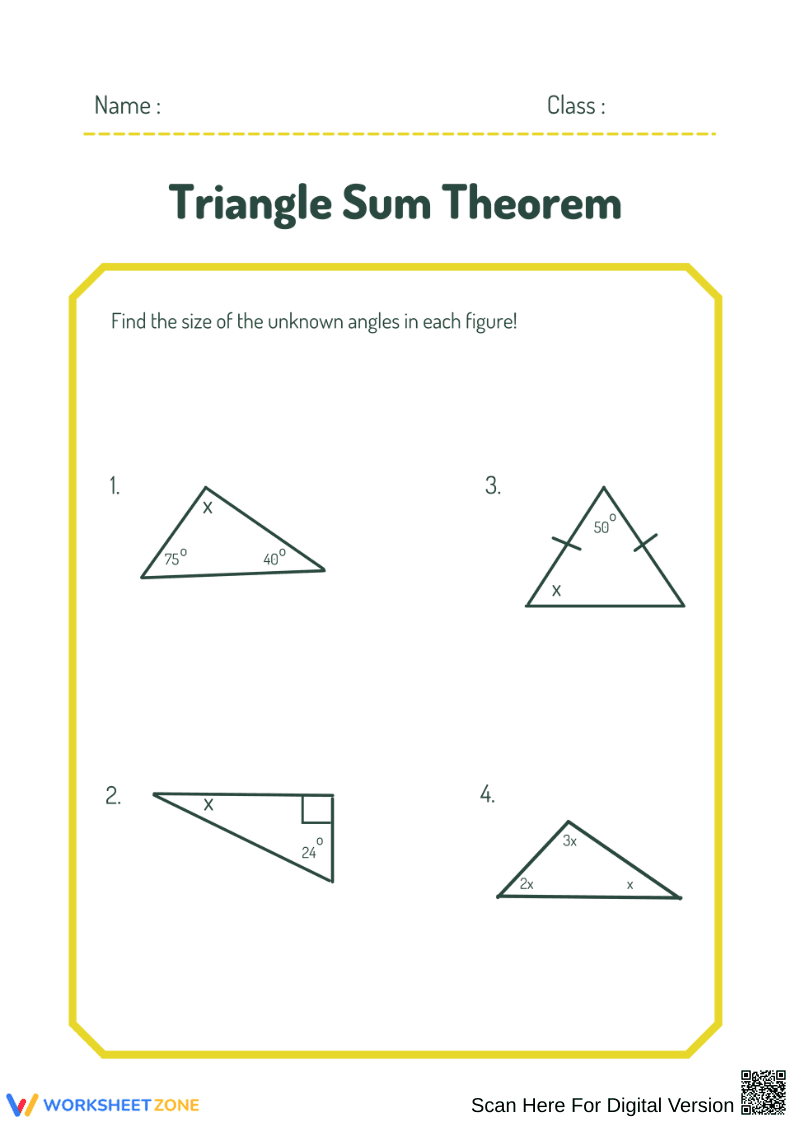 Triangle Sum Theorem – Solve for Unknown Angles - Page 1