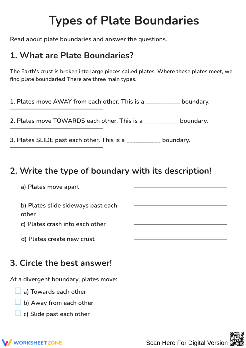 Types of Plate Boundaries Worksheet - Page 1