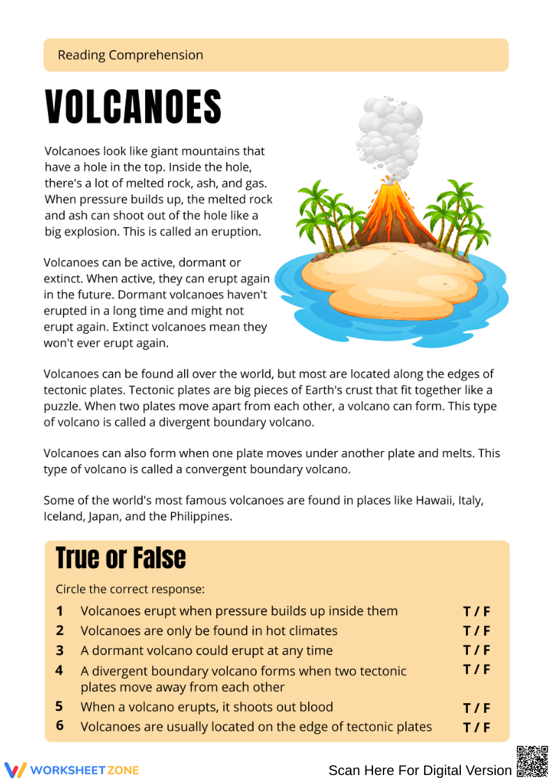 Volcanoes Reading Comprehension Worksheet - Page 1