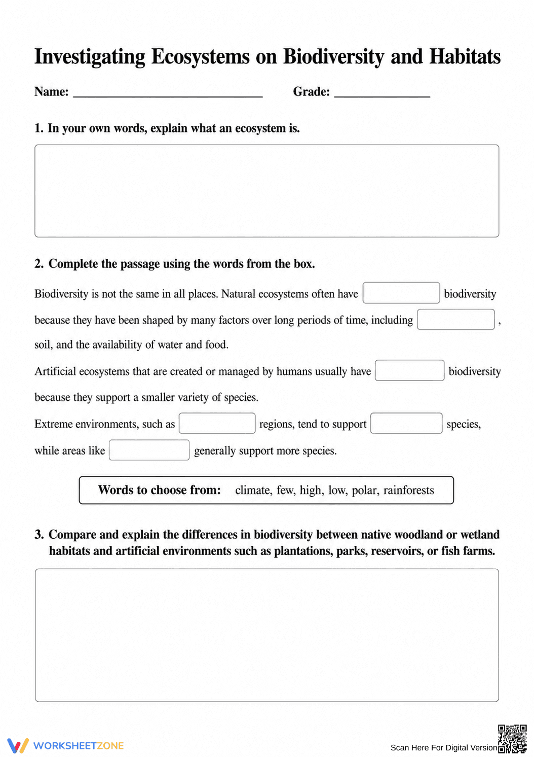 Ecosystems & Biodiversity — Printable Grade 7 Worksheet - Page 1