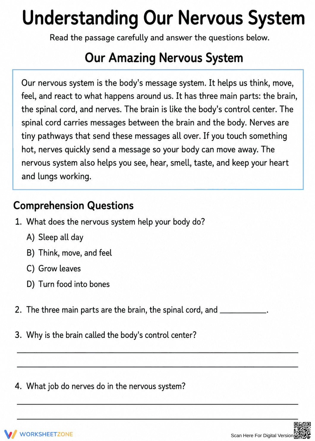 Essential Nervous System Worksheet | Grade 4-5 Science - Page 1