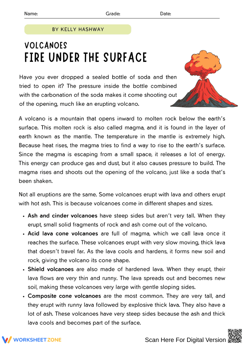 Volcanoes: Fire Under the Surface Reading Worksheet - Page 1