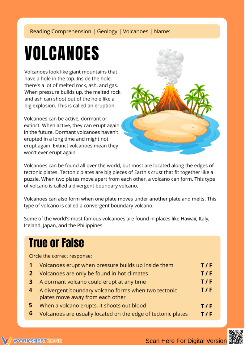 Volcanoes Reading Comprehension Worksheet - Page 1