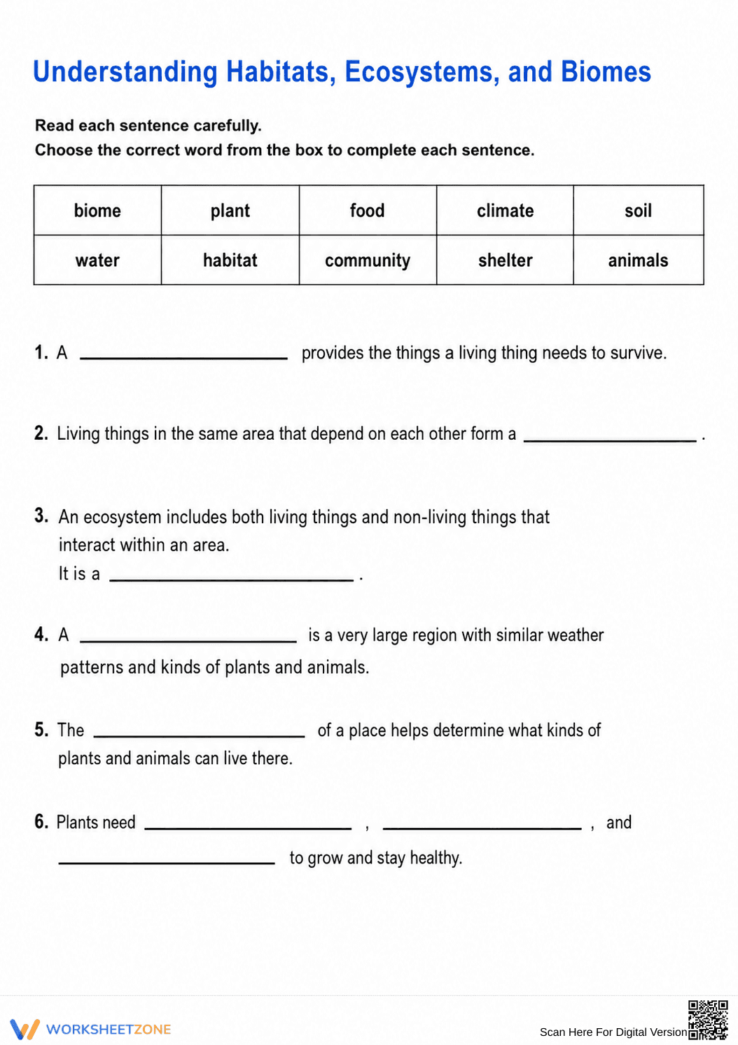 Grade 6 Ecosystems & Biomes — Printable No-Prep Worksheet - Page 1