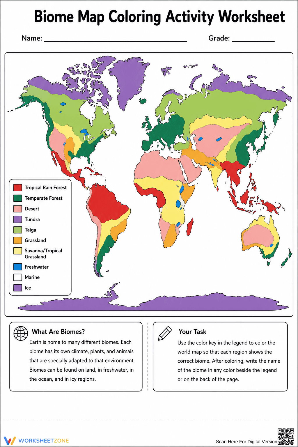 Printable Biome Map Coloring Worksheet | Grade 6 Science - Page 1
