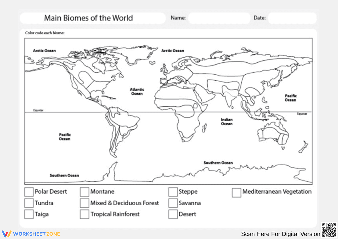 Main Biomes of the World Coloring Map Worksheet - Page 1