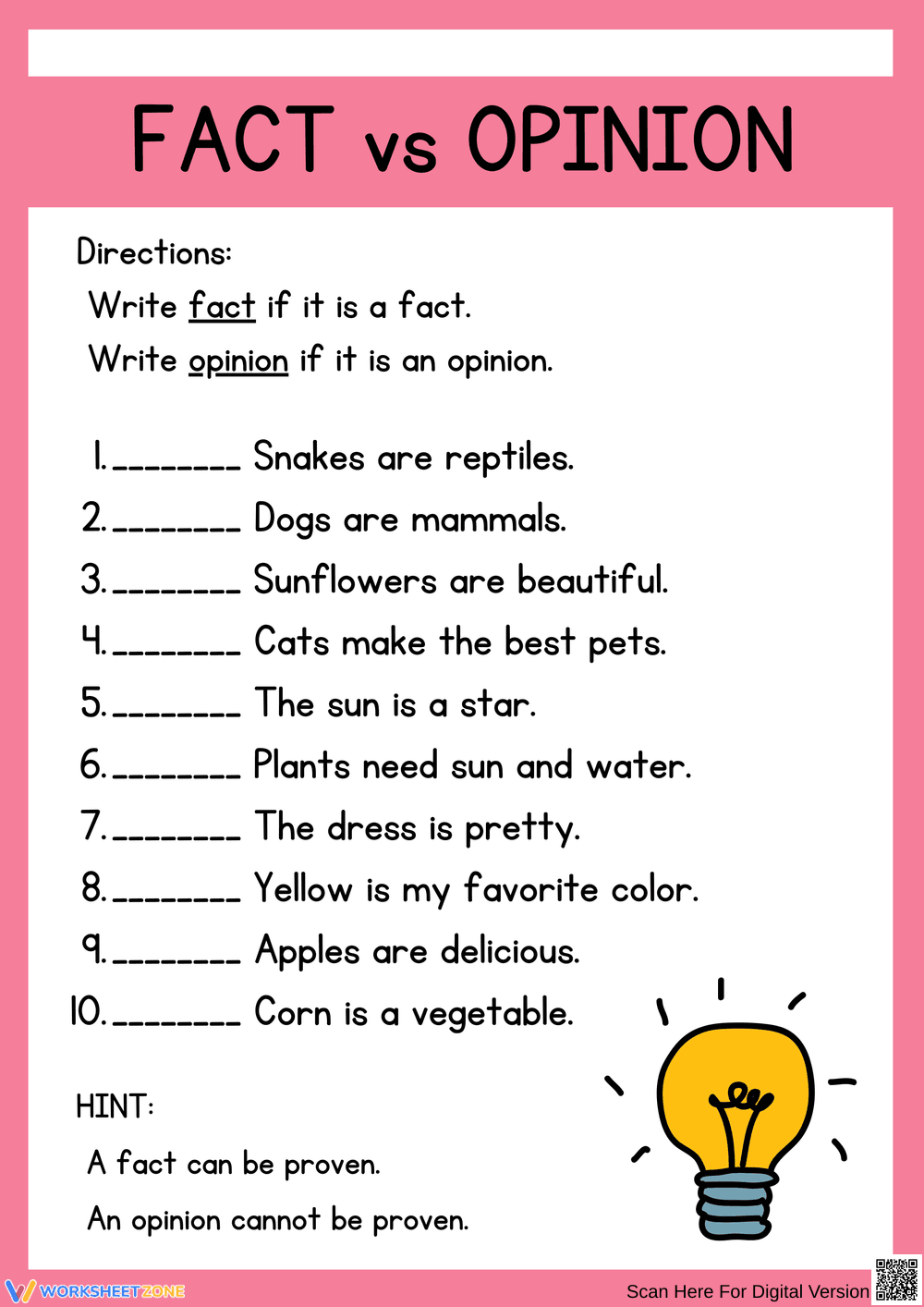 Understanding Fact vs Opinion Worksheet - Page 1