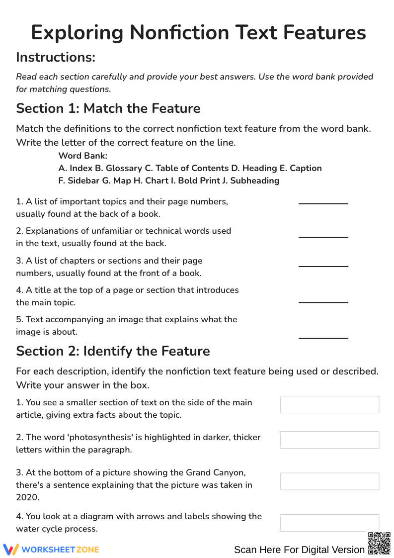 Exploring Nonfiction Text Features Matching Worksheet - Page 1