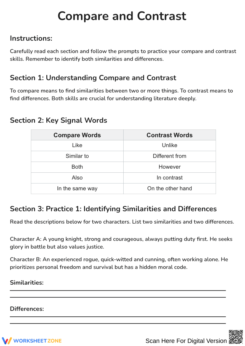 Compare and Contrast Reading Skills Worksheet - Page 1