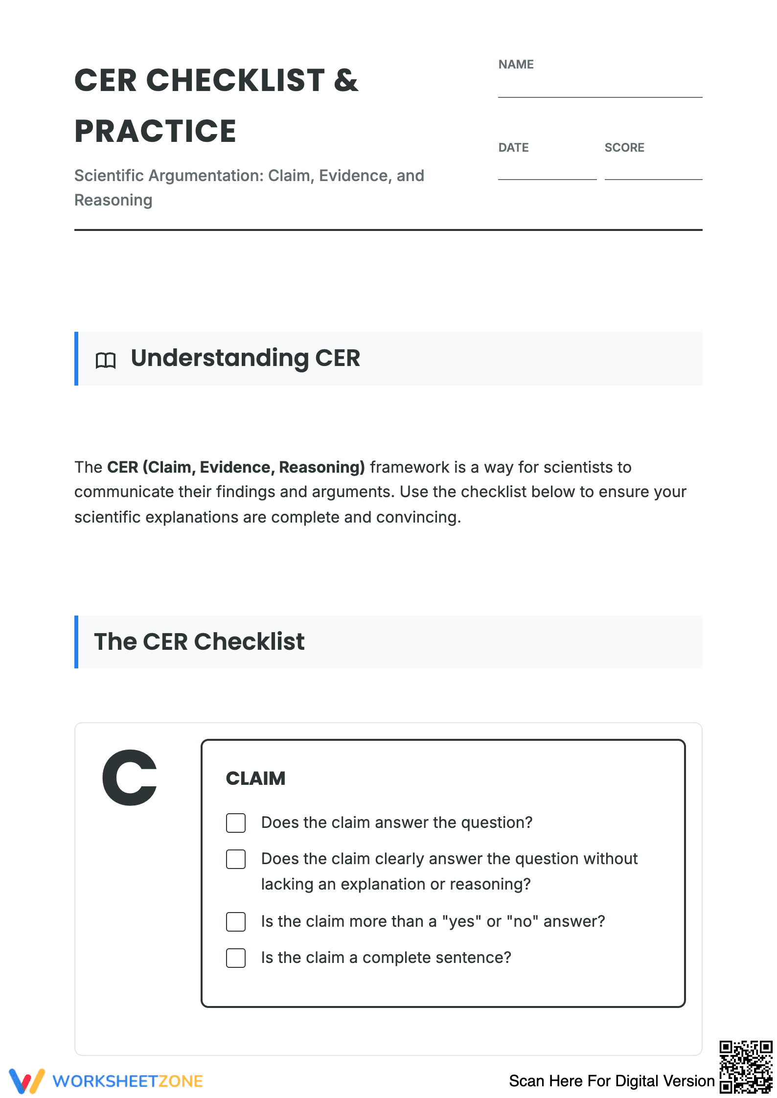Effective CER Checklist for Science Writing - Page 1