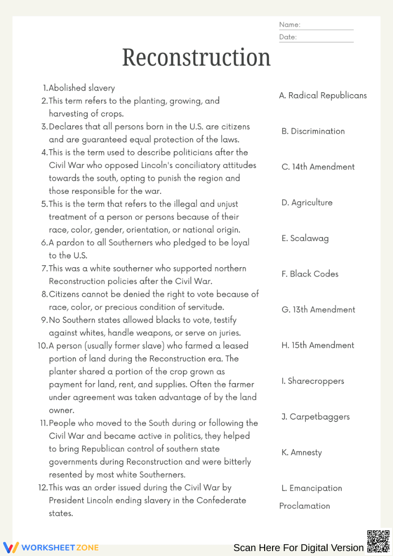 Reconstruction Vocabulary Matching Worksheet - Page 1